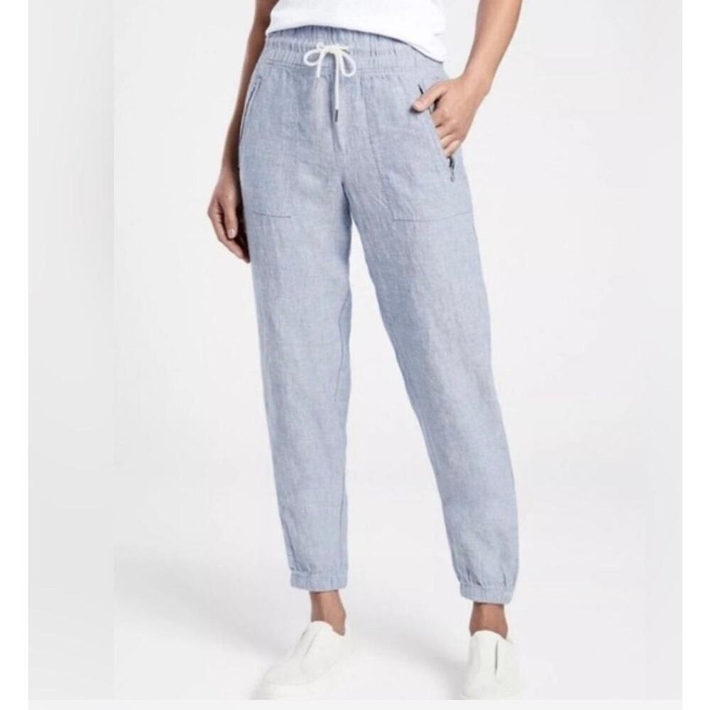 Athleta Cabo Linen Joggers Women 2 Blue Drawstring Pants Lightweight Casual Chic